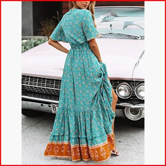 Summer Midi Dress V-Neck Short Sleeve Floral Print Bohemian Casual - Picture 2 of 7